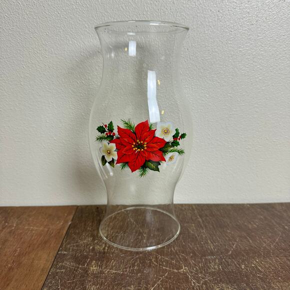 Vintage Clear Glass Hurricane‎ Candle Cover Holiday Poinsettia Christmas Decor - Picture 1 of 8
